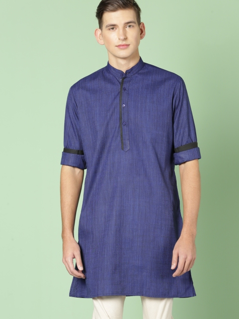 

House of Pataudi Men Navy Blue Solid Straight Fit Kurta