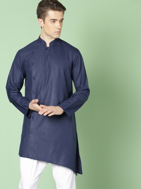 

House of Pataudi Men Navy Blue Solid Asymmetric Kurta