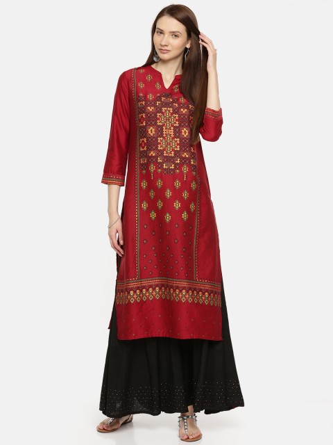 

Global Desi Women Maroon Printed Straight Kurta