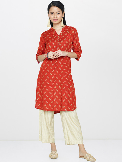

Global Desi Women Rust Red Foil Printed Straight Kurta