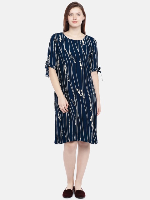 

Global Desi Women Navy Blue Printed A-Line Dress
