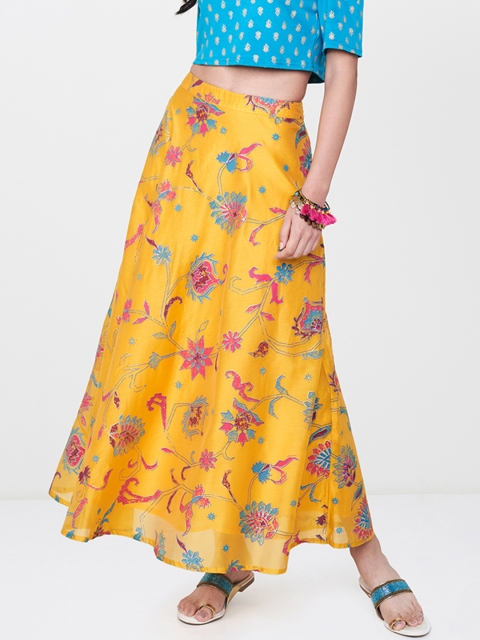 

Global Desi Women Mustard Yellow Printed A-Line Skirt