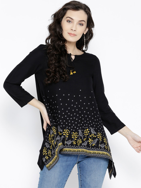 

Global Desi Women Black Printed A-Line Top
