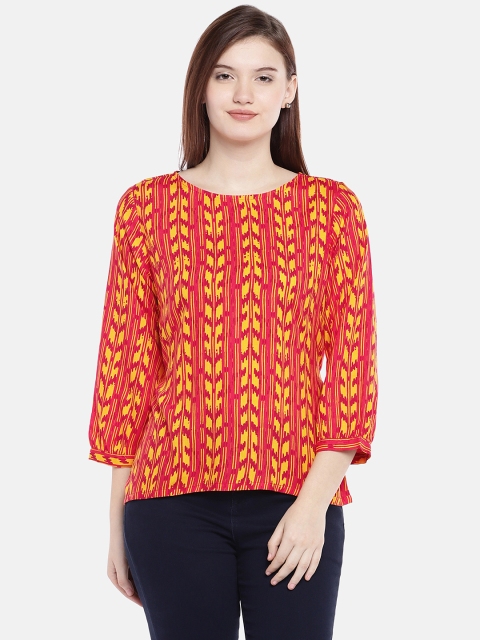 

Global Desi Women Red & Yellow Printed Styled Back Top