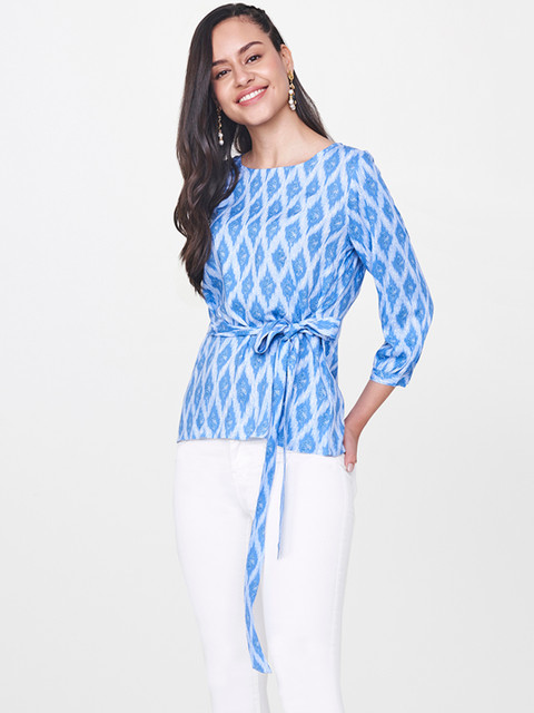 

Global Desi Women Blue Printed Top