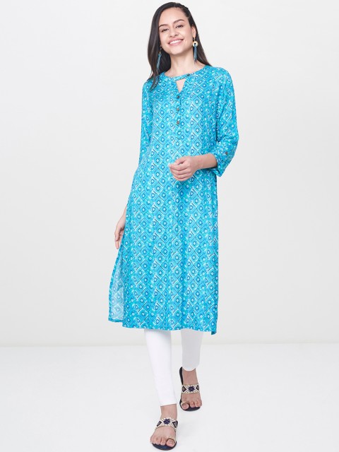 

Global Desi Women Turquoise Blue Printed Straight Kurta