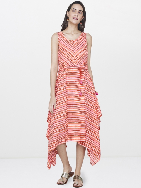 

Global Desi Women Coral Striped Midi Dress