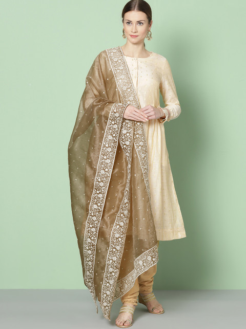 

House of Pataudi Taupe Embroidered Dupatta