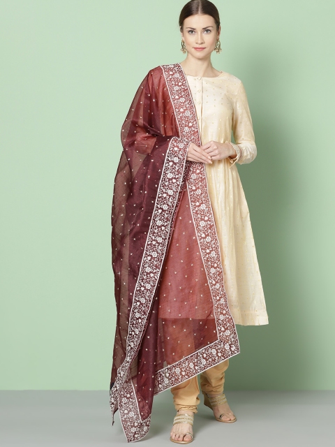 

House of Pataudi Burgundy Embroidered Dupatta