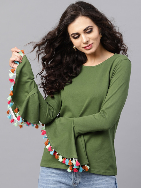

SASSAFRAS Women Olive Green Solid Tasselled Sweatshirt