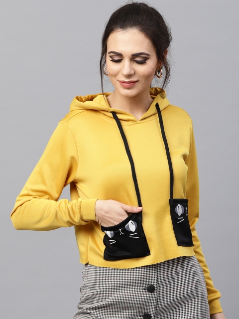 

SASSAFRAS Women Mustard Yellow Solid Hooded Cropped Sweatshirt