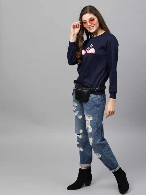 

SASSAFRAS Women Navy Flamingo Print Sweatshirt, Navy blue