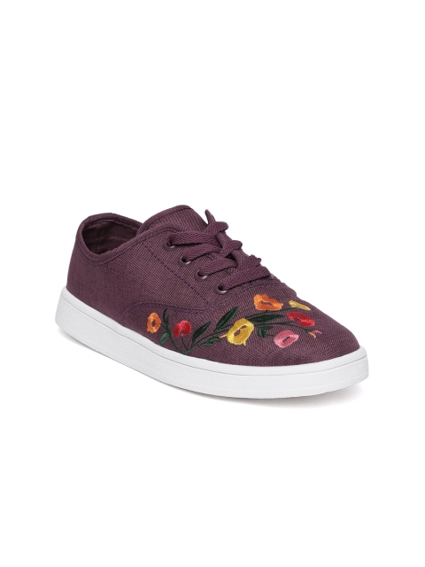 

United Colors of Benetton Women Burgundy Floral Embroidered Sneakers