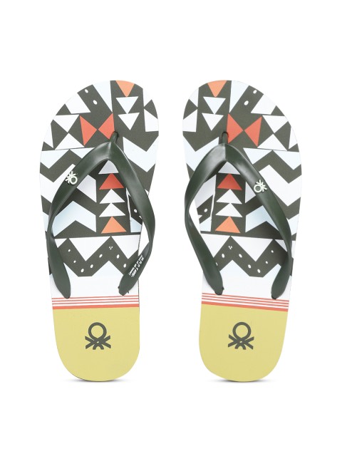 

United Colors of Benetton Men Olive Green & White Printed Thong Flip-Flops