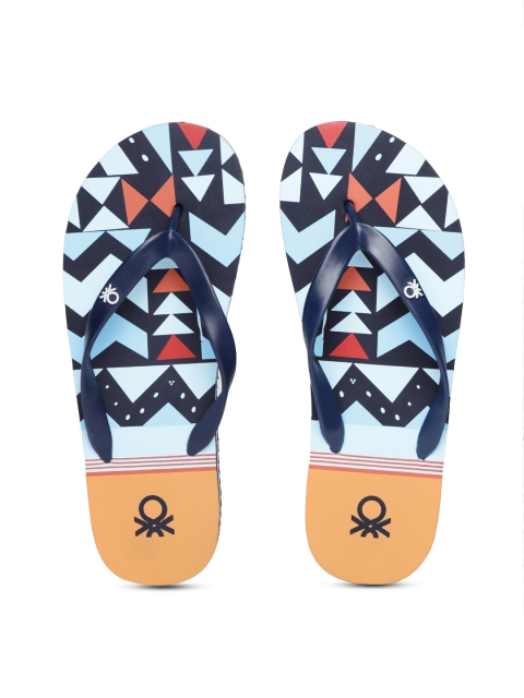 

United Colors of Benetton Men Blue & Orange Printed Thong Flip-Flops, Navy blue