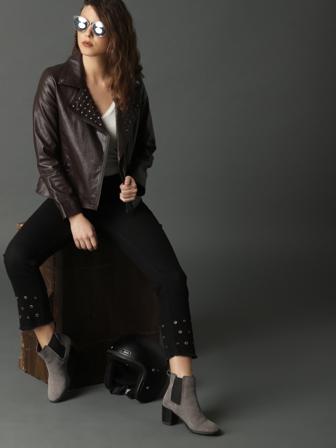 

Roadster Women Coffee Brown Studded Biker Jacket