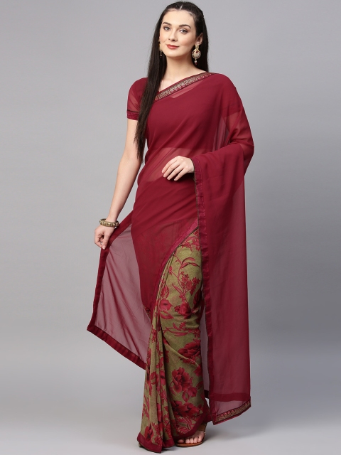 

Saree mall Maroon & Olive Green Half & Half Printed Saree