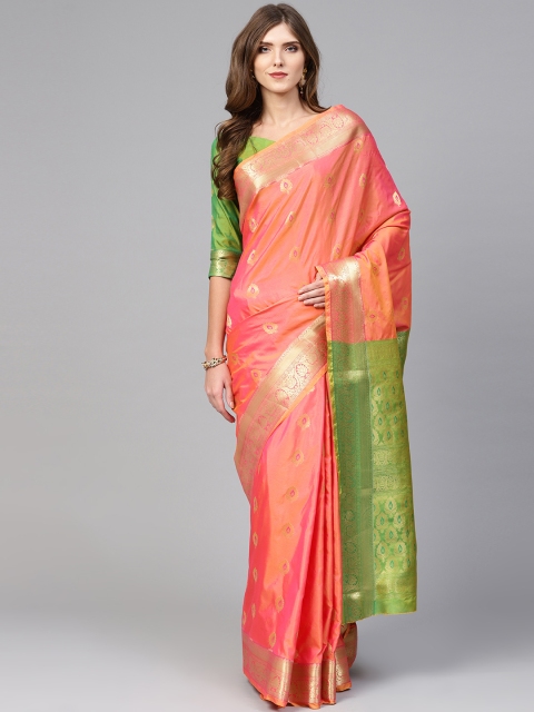 

Saree mall Coral Pink & Green Woven Design Kanjeevaram Saree