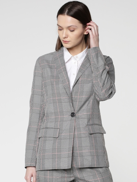 

ONLY Women Grey & Black Checked Single-Breasted Formal Blazer