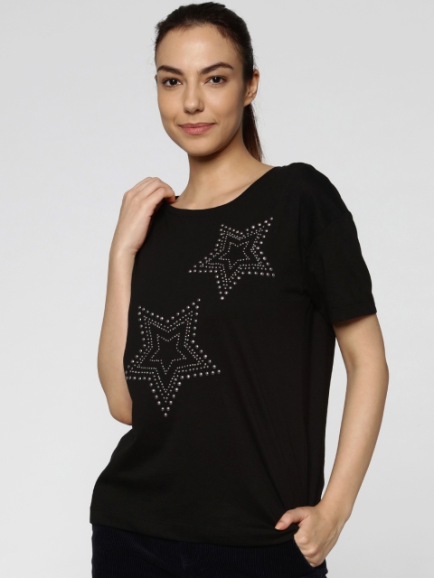 

ONLY Women Black Embellished Round Neck T-shirt