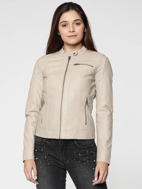 

ONLY Women Beige Solid Biker Jacket