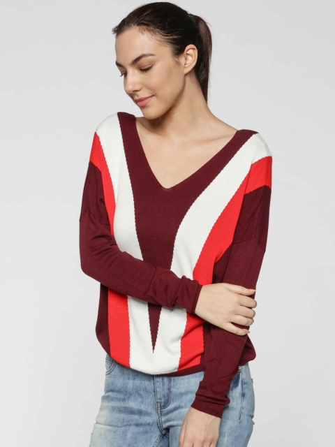 

ONLY Women Burgundy & White Colourblocked Pullover