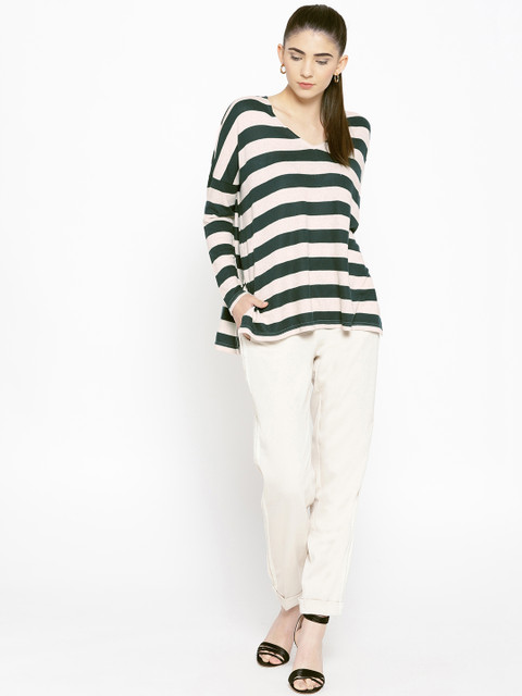 

ONLY Women Green & Beige Striped Sweater