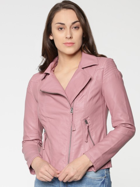 

ONLY Women Pink Solid Asymmetric Closure Biker Jacket
