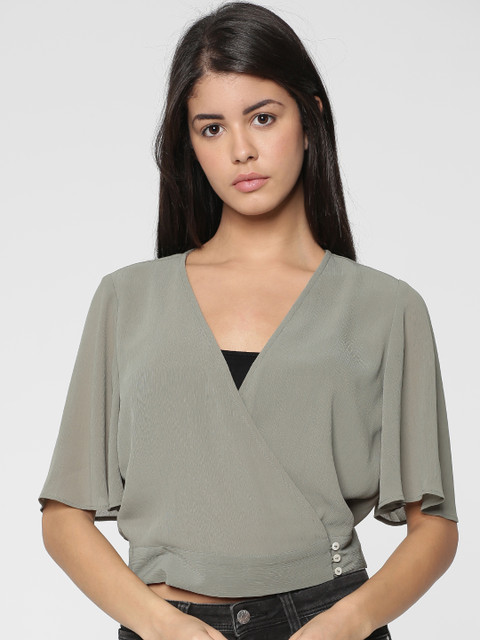 

ONLY Women Olive Green Semi-Sheer Solid Wrap Crop Top