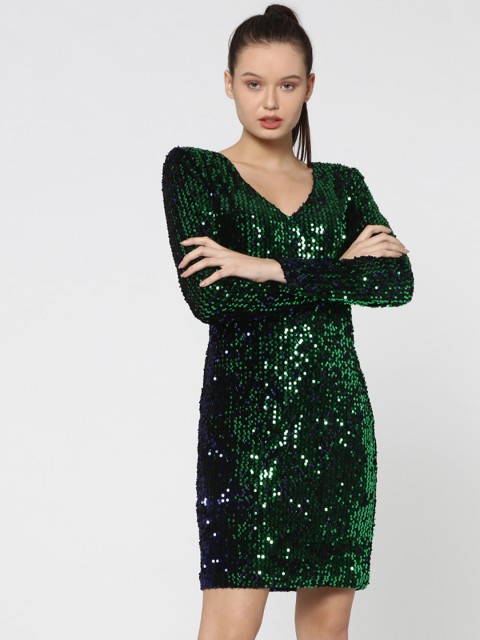 

ONLY Women Black & Green Sequinned Sheath Dress