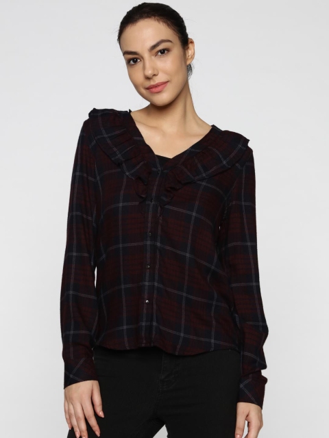 

ONLY Women Navy Blue & Burgundy Checked Top