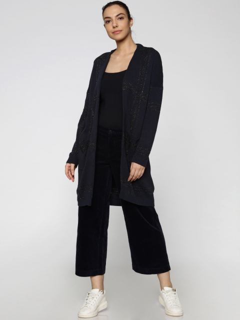 

ONLY Women Navy Blue Checked Shimmery Front-Open Cardigan