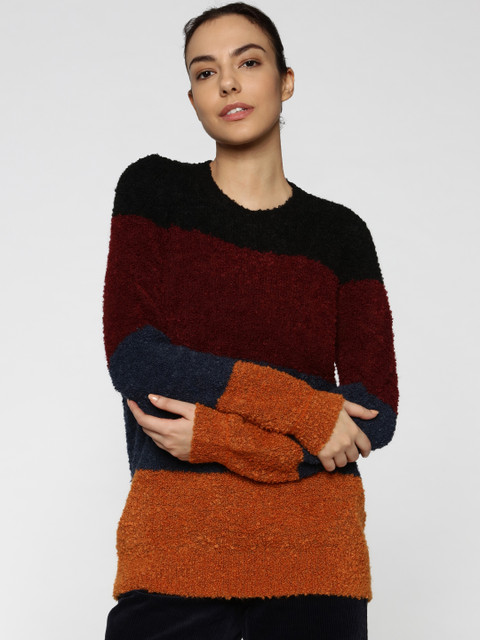 

ONLY Women Maroon & Mustard Brown Striped Pullover