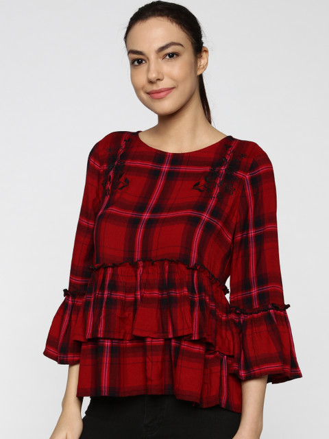 

ONLY Women Red & Black Checked A-Line Top
