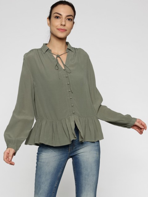 

ONLY Women Olive Green Regular Fit Solid Casual Shirt