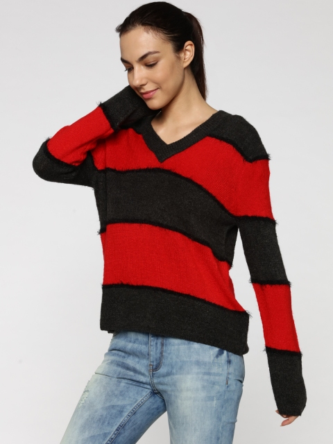 

ONLY Women Red & Charcoal Grey Striped Pullover