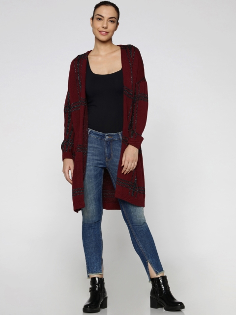 

ONLY Women Maroon & Black Checked Front-Open Sweater