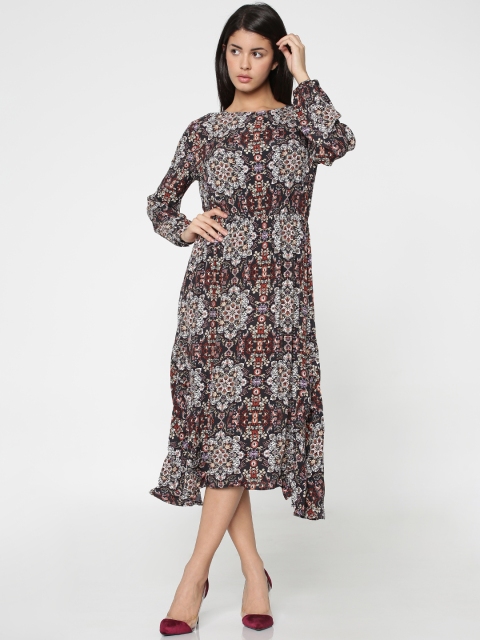 

ONLY Women Black & Rust Orange Printed A-Line Dress, Charcoal