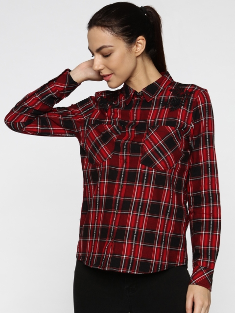 

ONLY Women Maroon & Black Regular Fit Checked Casual Shirt