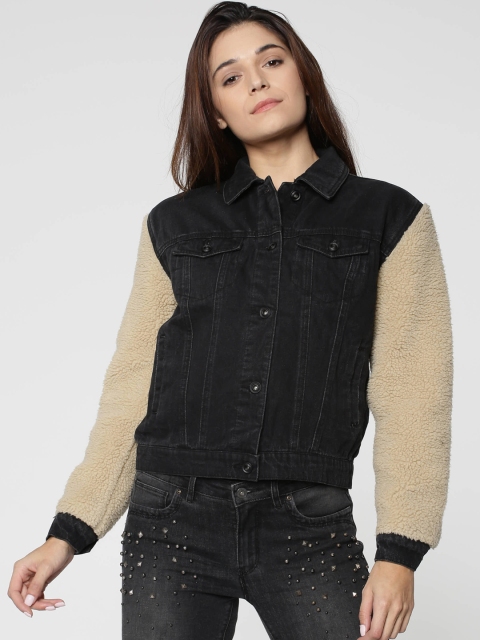 

ONLY Women Black & Beige Solid Denim Faux Fur Jacket