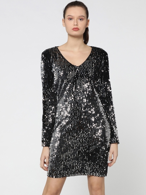 

ONLY Women Black & Silver Sequinned Sheath Dress