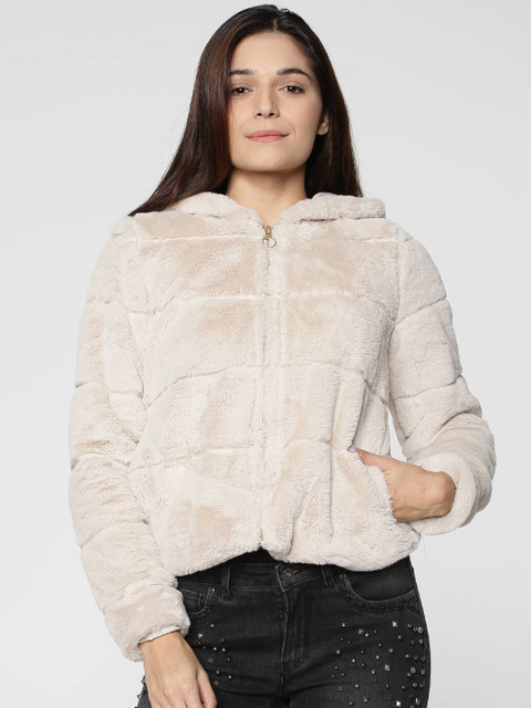 

ONLY Women Off-White Faux Fur Hooded Tailored Jacket