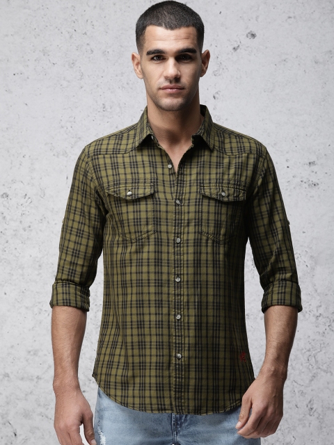 

Ecko Unltd Men Olive Green & Black Slim Fit Checked Casual Shirt