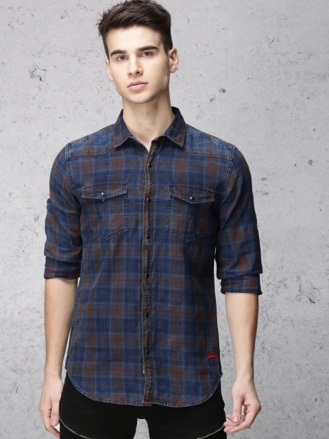 

Ecko Unltd Men Coffee Brown & Blue Regular Fit Checked Casual Shirt