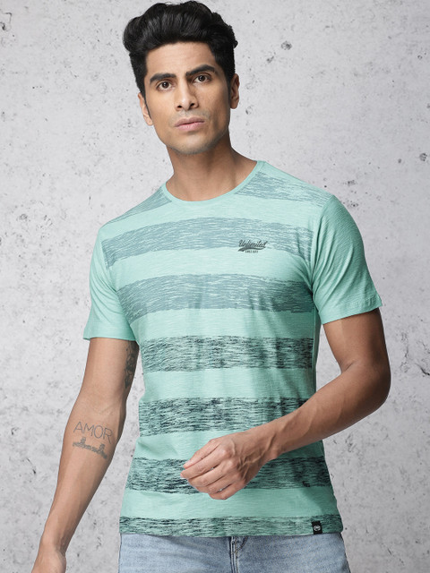 

Ecko Unltd Men Turquoise Blue Striped Round Neck T-shirt