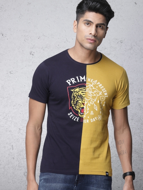 

Ecko Unltd Men Navy Blue & Mustard Yellow Colourblocked Slim Fit Round Neck T-shirt