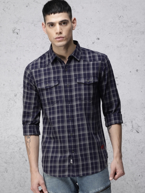 

Ecko Unltd Men Navy & Grey Slim Fit Checked Casual Shirt, Navy blue