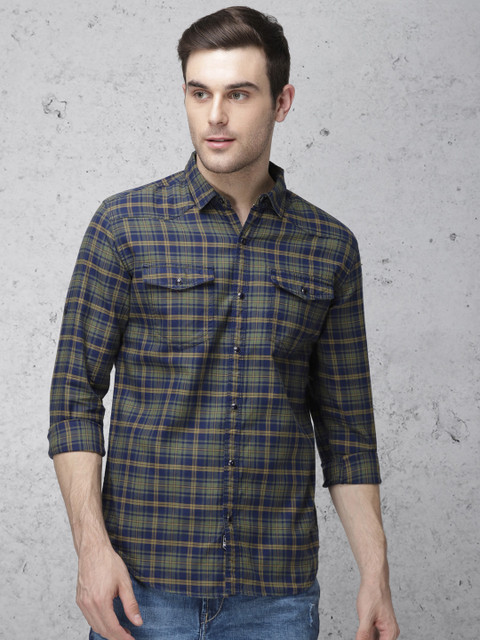

Ecko Unltd Men Navy Blue & Olive Green Regular Fit Checked Casual Shirt