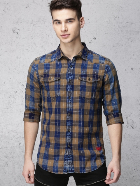 

Ecko Unltd Men Olive Green & Navy Regular Fit Checked Casual Shirt