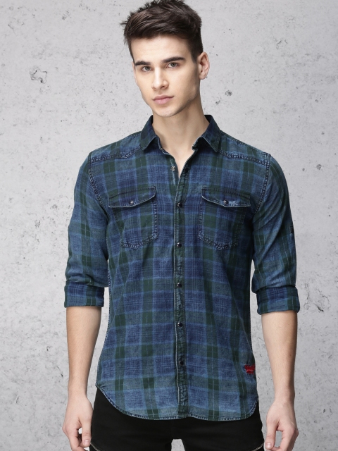 

Ecko Unltd Men Blue & Green Regular Fit Checked Casual Shirt
